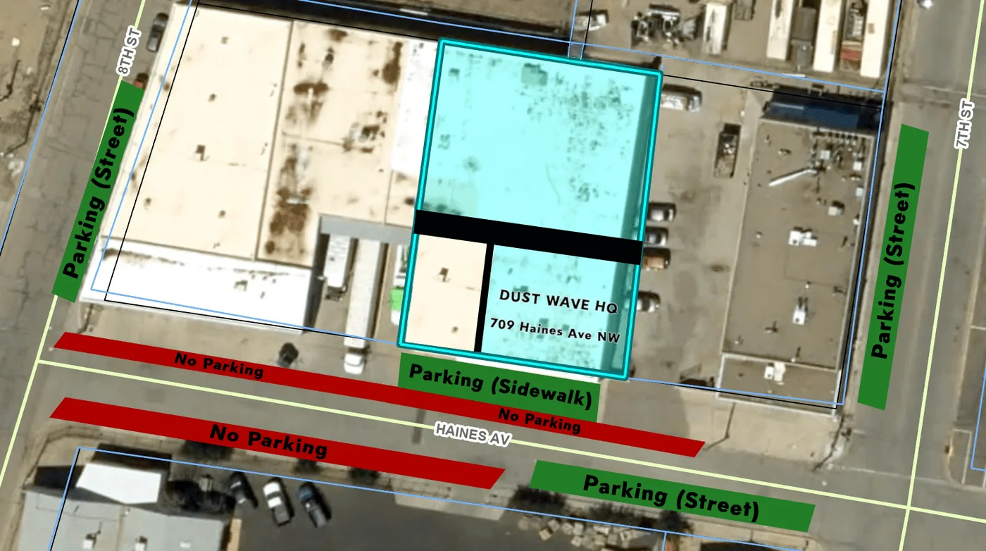 Parking map: keep the studio curb clear; park across Haines or on 7th and 8th Streets.